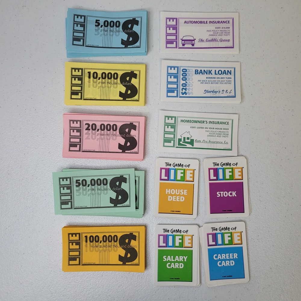 Game of Life Money Cards Insurance Replacement Stock Deed Vintage 2002 1999